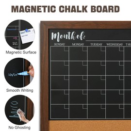 4 THOUGHT Chalkboard Calendar Corkboard Combo, 18" x 24" Bulletin Board Magnetic Calendar Chalkboard for Wall Combination Board Monthly Planner Rustic Brown Frame 4 Markers 8 Magnets 10 Pushpins