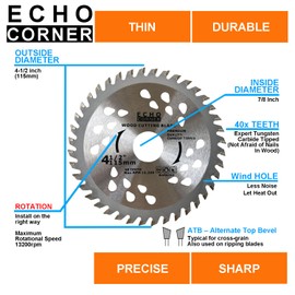 Echo Corner 3-Pack 4.5" Angle Grinder Saw Blade 7/8" Arbor Carbide TCT 40T Fast Fine Cut Trimming Ripping Crosscut Wood MDF Plastic