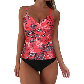 Hilor Women's Underwire Tankini Top Ruched Tummy Control Bathing Suit Tops Twist V Neck Swim Top Swimwear Only, Red&white Floral, 8