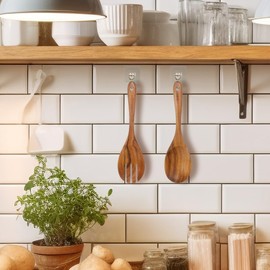 Teak Wooden Salad Fork and Spoon, 10.2-Inch Wooden Salad Spoons, Teak Wood Spoon Fork, Natural Wooden Spoon Spork Set with Ergonomic Handle, Teak Wood Salad Servers (1 Spoon + 1 Spork)