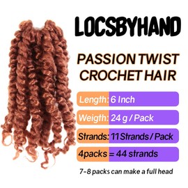 LOCSBYHAND 6 Inch Short Pre-looped/twisted Passion Twist Crochet Hair 4 Packs for Mixed-color Using (4 Packs, 350#/Ginger Red)