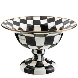 MACKENZIE-CHILDS Enamel Compote, Cute Enamel Pedestal Serving Dish or Decorative Bowl, Large, Black-and-White Courtly Check