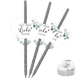 Pack of 150 Sparklers Wedding Labels, Wedding Favours with "Let Our Love Light" Motif, Double Perforated Cards for Sparklers and Glow Sticks (Eucalyptus)
