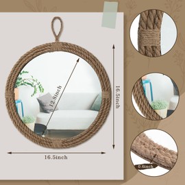 Vercraft Nautical Mirror 16.5" Vintage Coastal Wall Decor with Rope Wrapped Trim and Hanging Loop Round Circle Mirror Nautical Boho Rustic Decorative for The Living Room, Bedroom Bathroom and Entryway