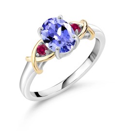 Gem Stone King 925 Silver and 10K Yellow Gold Oval Blue Tanzanite and Red Created Ruby Women Ring (1.26 Cttw, Available In Size 5, 6, 7, 8, 9)