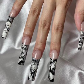 IMRAIN Press on Nails Long Square Fake Nails Black White French Tips Nails Glossy Glue on Nails Anime Graffiti Artificial Stick on False Nails Full Cover Gel Acrylic Nails for Women Girls 24Pcs