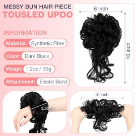 Messy Bun Hair Piece Tousled Updo Hair Extension with Elastic Rubber Band Synthetic Curly Wavy Hair Bun Scrunchie for Women Girls, Dark Black 1.2oz
