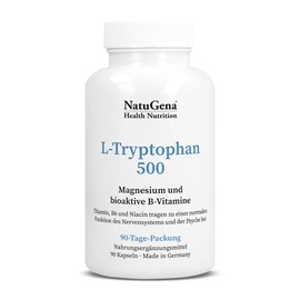 NatuGena L-Tryptophan 500 mg, Magnesium, Magnesiumbisglycinat, bioaktive B Vitamine (B1, B6), essentielle Aminosäure, 90 Kapseln (3 Monats Packung)