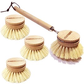 AMERWASH PLUS Dish Brush with Wooden Handle, Natural Kitchen Brush for Dishes Vegetable, Pots and Pans, Tampico Fiber Bristles Scrubber, Extra 3 Pack 