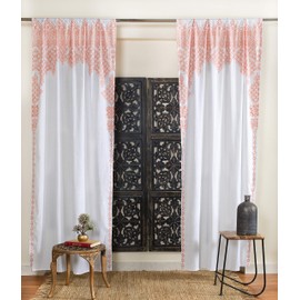 Madhu International Set of 2 Bohemian Curtains - Handmade Cotton Indian Tapestry Curtains - Curtain Drape with Rod Pocket - Floral Printed Mandala Curtain Panel for Living Room - Rose Gold, 41" X 87"