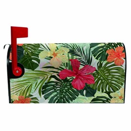 Numland Magnetic Mailbox Covers Polyester Oxford Cloth Anti-UV and Reusable Letterbox Cover 21×18 Inch,Tropical Plants and Hibiscus Flowers Summer