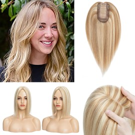 Benehair Real Human Hair Toppers for Women - Silk Base Clip-In Pieces for Slight Hair Loss & Thinning - 6 Inch No Bangs Golden Brown & Bleach Blonde