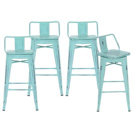 Swivel Metal Bar Stools Kitchen Counter Height Stools Industrial Barstools Set of 4 (Swivel Distressed Blue-Green Wooden, 26 inch)