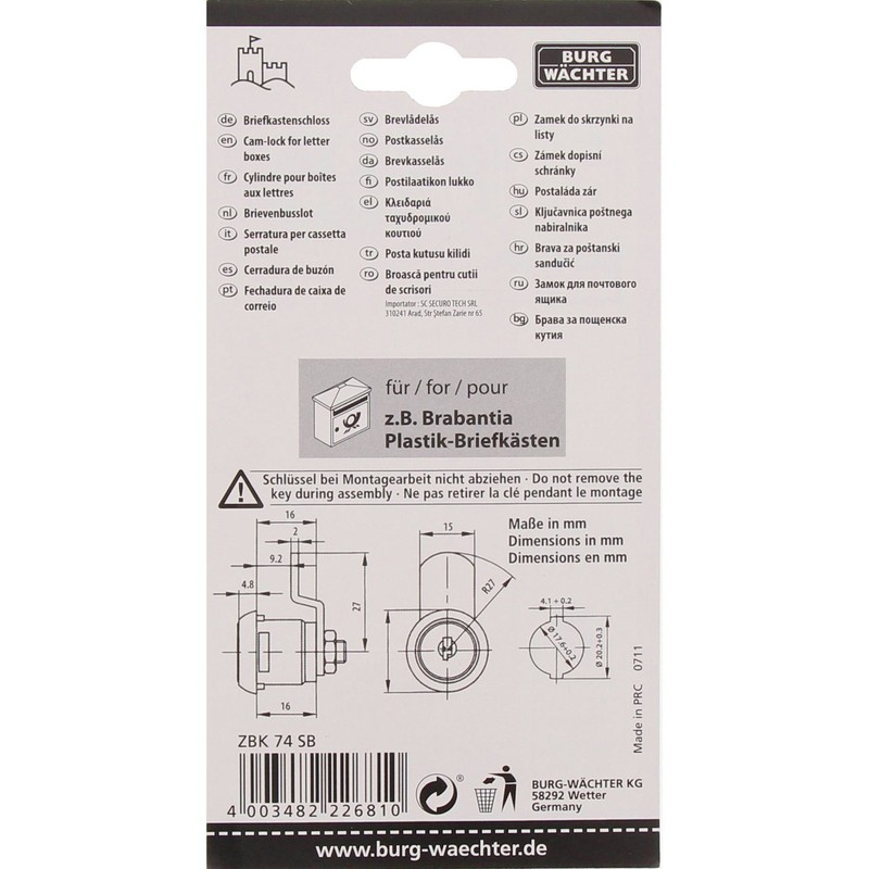 BURG-WÄCHTER 22681 ZBK 74 SB Replacement Cylinder for Letterboxes, Lever