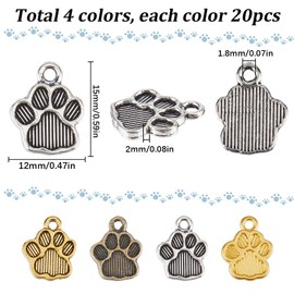 SUNNYCLUE 1 Box 80Pcs 4 Colors Dog Charm Paw Charms Bulk Silver Cute Pet Small Toes Animal Paws Print Charm for Jewelry Making Charms Supplies DIY Necklace Bracelet Earrings Keychain Craft Adult