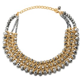 Statement Necklace Silver Faceted Crystal Beads String Gold Braided Chain Pendant