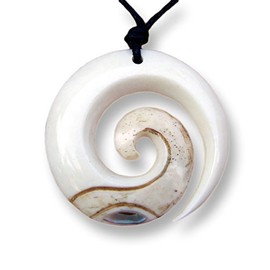 Island Piercings Handmade Amulet Pendant Spiral in Maori Koru Design with Ribbon PB144, Pearl bones Pearl, No Gemstone