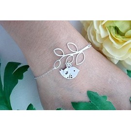 Bird on Branch Leaf Bracelet, Silver Initial Monogram Bracelet, Custom Bracelet, ADJUSTABLE, Mothers, Wedding Jewelry, Bridesmaids gift