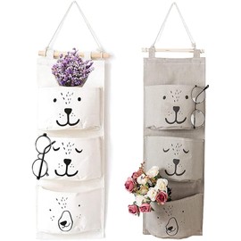 WEIWUXIAN Hanging Organiser, Pack of 2 Waterproof Storage Bags, Debris Bag, Storage Bag, Cotton Linen, with 3 Pockets for Bedroom, Bathroom, Kitchen (Grey and White)