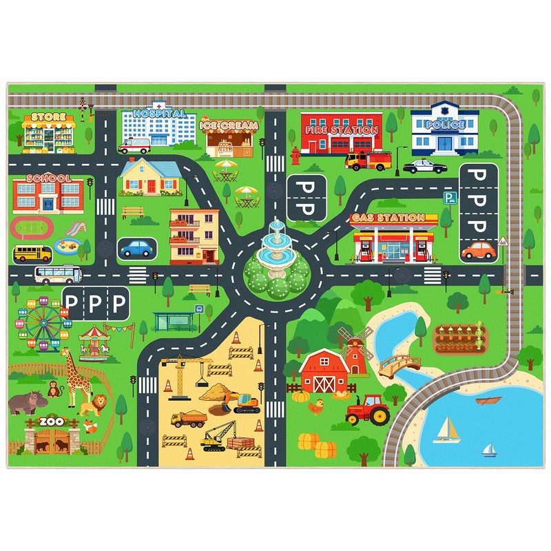 Town Road Car Rug 6x9 Ft, Non-Slip Railway Track Car