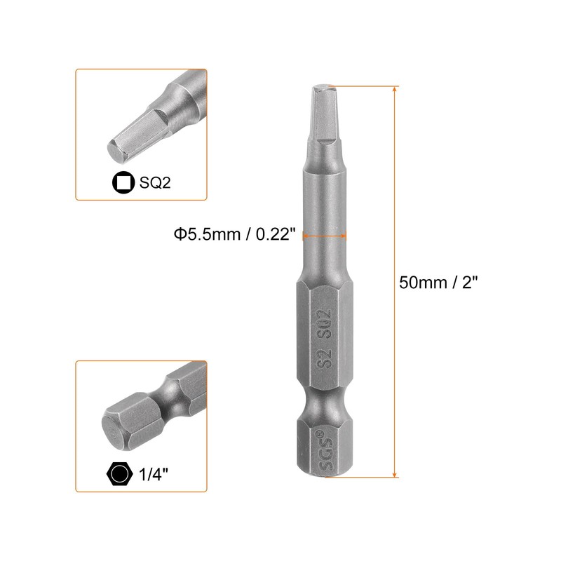 sourcing map 2pcs Square Screwdriver Bit SQ2 1/4" Hex Shank