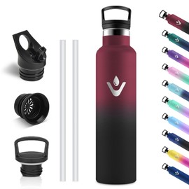 Vikastar Stainless Steel Drinking Bottle, Thermos Flask, 1 Litre, BPA-Free Drinking Bottle, Thermos Bottle with Straw, Drinking Bottle for School, Sports, Bike, Camping, Red & Black