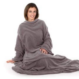 Autumn Faith Wrap Around Blanket With Sleeves Cosy Soft Plush Fleece - Dark Grey