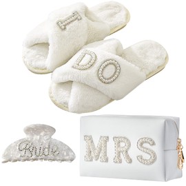 Tkifoda Bride To Be Gift Set Bride Makeup Bag I Do Bride Slippers Bride Robe Bride Hair Clip Bride Gifts Wedding Gifts (Slippers+Makeup Bag+Clip) | Tkifoda