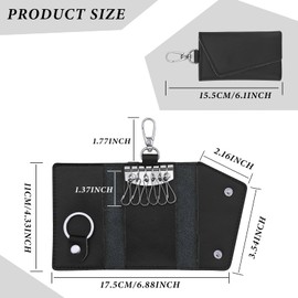 FuninCrea Key Case, Leather Car Key Holder for Men Women, Key Pouch with Metal Hook Keyring, Snap Closure Key Bag (black)