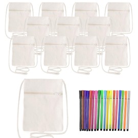 WIYETY Pack of 12 Fabric Bags for Painting, DIY Small Shoulder Bags for Painting with 18 Colouring Pencils, 17 x 13 cm, Children's Shoulder Bag, Fabric Bag for Painting for School, Celebration, Gift,