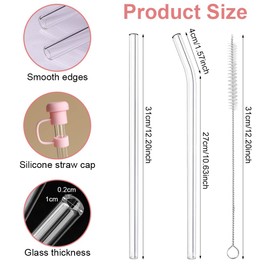 Pack of 10 Glass Straws Long, Glass Straws Long 31 cm, 5 Glass Straws Curved + 5 Straight Long Straws, Includes 2 Straw Lids and 2 Cleaning Brushes, Replacement Straw Quencher Transparent