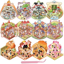 12 Sets DIY Mini 3D Cute Animal House Sticker Scenes with Tweezers Make Your Own Shop Castle Room Scene Stickers Fun Micro Stickers for Relief Stress Pass The Time