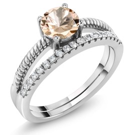 Gem Stone King 925 Sterling Silver Peach Morganite Engagement Engagement Ring For Women (0.79 Cttw, Gemstone October Birthstone, Round 6MM, Size 8)