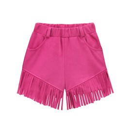 Noomelfish Kids Faux Suede Fringe Shorts Tassel Cowgirl Outfits with Pockets, Hot Pink, Size 7-8 Years