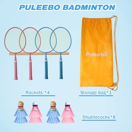 PULEEBO Kids Badminton Racket Set - Children Beginner Family Outdoor Camping Badminton Sport Game Steel Alloy Badminton Racket Including 4 Rackets 8 Shuttlecocks 1 Storage Bag