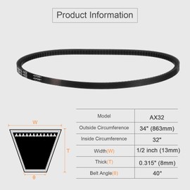 sourcing map AX32 EPDM V-Belt, Raw Edge Cogged Industrial Rubber V Belt 1/2" Width x 32" Inside Circumference