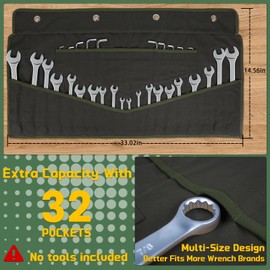Heavy-Duty 32-Pocket Wrench Roll-Up Organizer - Made with 16 oz. Waxed Canvas, Fits Metric & SAE Wrenches, Perfect for Mechanics, DIYers, and Tool Storage (Army Green)