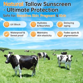 Beef Tallow Sunscreen SPF 50+ 100% Organic Grass-Fed Beef Tallow for Skin, face for women | Natural Sunscreen No Chemicals - Hyaluronic & Centella Sunscreen 60g*2pcs
