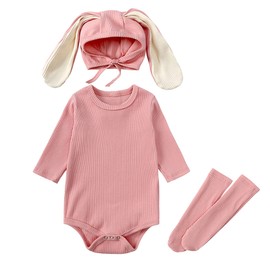 Trsenvrml Baby Easter Outfit for Newborn Boys Girls Bunny Romper With Tail + Rabbit Ears Hat + Socks Set 3Pc (Pink, 9-12M)