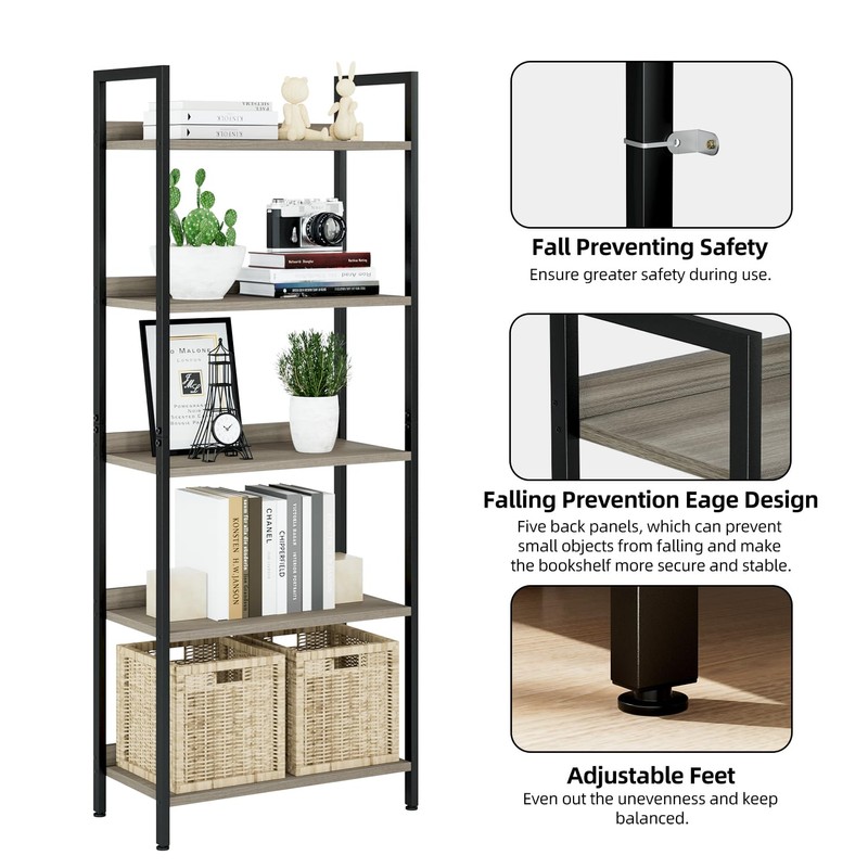 NUMENN Bookshelf, 5 Tier Bookshelves, Home Office Bookcase Shelf Storage