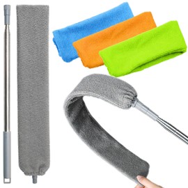 100 inches Retractable Gap Dust Cleaner Cleaning Tools with 4 Microfiber Dusting Cloths Long Handle, Washable and Retractable Duster Brush for Cleaning Under Appliances Furniture Couch Fridge