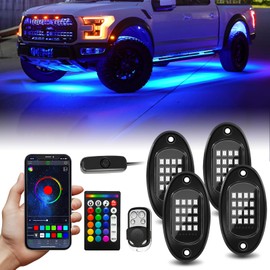 4Pods RGB LED Rock Lights with APP/RF Remote Control Waterproof Underglow Lights High Bright Zone Neon Exterior Lights 12v for Four Wheeler UTV ATV Golf RZR Offroad Pickup SUV Car Truck Accessory