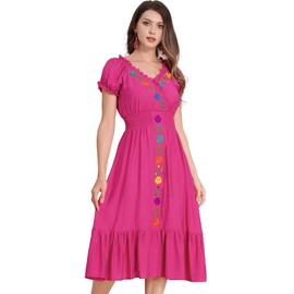 ABEWIP Women Mexican V Neck Floral Embroidery Ruffle Dress - Short Puff Sleeve Spring Summer Cinco De Mayo Party Boho Casual Bridesmaid Peasant Dress - Rose Red L