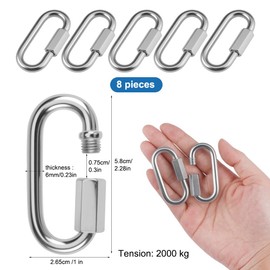Pack of 8 Screw Connectors 6 mm Load Capacity 2000 kg, Screw Carabiner, 100% Stainless Steel Carabiner, Screw Cap for Outdoor Camping, Hiking, Tent Construction and Indoor Rope Fixings