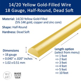 18 Gauge, Half-Round, Dead Soft, 14/20 Yellow Gold-Filled Wire - 1 FT - for Jewelry Art from WIZART