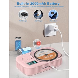 2000mAh CD Player Portable with Bluetooth, CD Boombox Portable for Home/Car with Remote Control, Dual Speaker,Rechargeable CD Player with FM Radio, Anti Skip,Support AUX/USB, Headphone Jack(Pink)