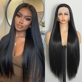 ISAMY Synthetic Lace Front Wig, HD Glueless Lace Wig Pre-Plucked Long Straight Wigs for Black Women (Black)