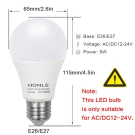 Honle E26 E27 LED AC/DC 12-24V Low Voltage 9W Daylight White 6000k Standard Edison Base 80W Halogen Bulb Equivalent for Rv Off Grid Solar Panel Project Lighting Boat Garden Landscape Pack of 2