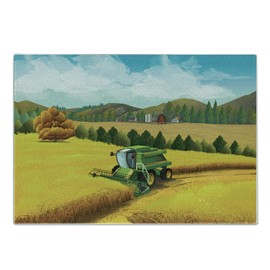Ambesonne Harvest Cutting Board, Rural Theme Image with Modern Combine Harvester Working in Wheat Field, Decorative Tempered Glass Cutting and Serving Board, Small Size, Sea Blue and Multicolor