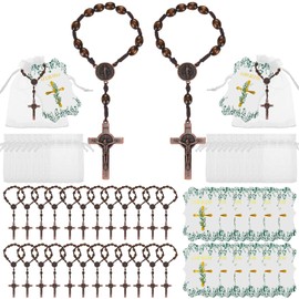 Jeyiour 96 Pcs Christian Catholic Favor Set Include 32 Finger Christian Rosaries Beads with Crucifix, 32 Organza Bags and 32 God Bless Tags Christening Wedding Party Favors(Dark Wood)